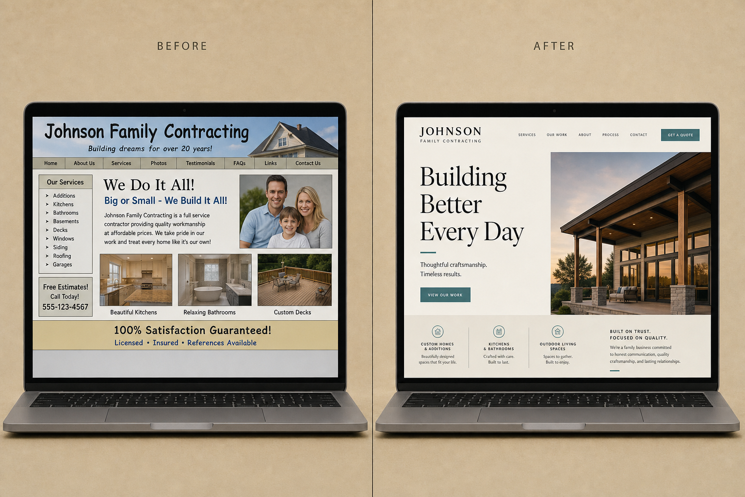 Two versions of the same contractor's website shown side by side. Left: a cluttered 2010-era design with stock family photos and low-contrast type. Right: a modern editorial redesign with serif typography, a single strong hero image, and clear calls to action.