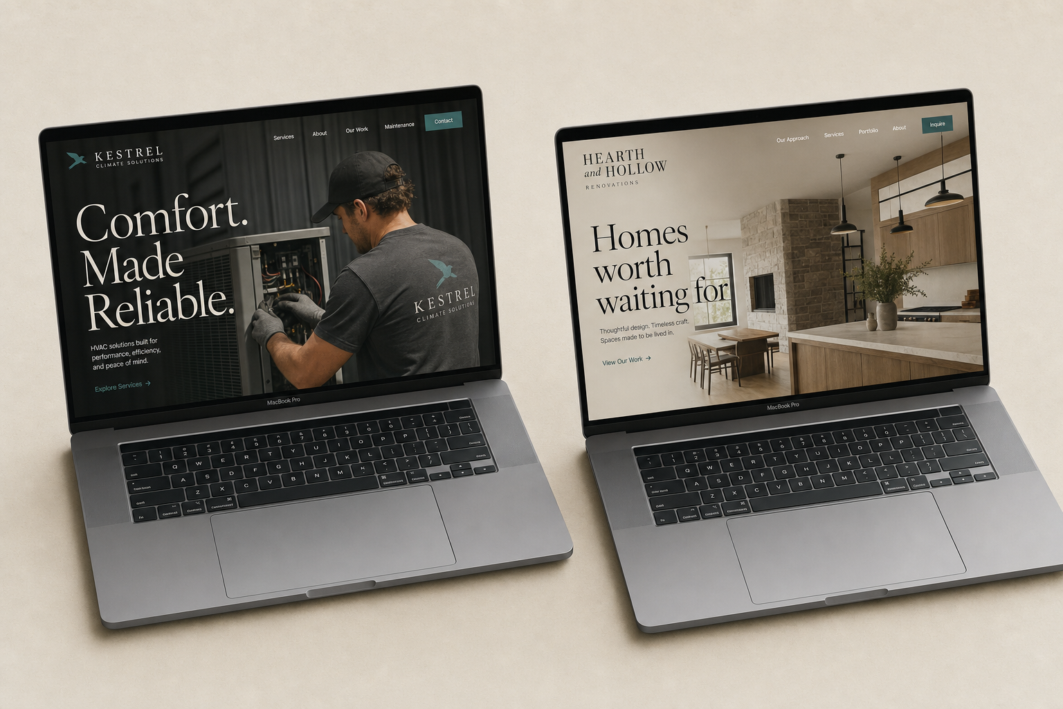 Two contractor website concepts side by side on laptops — a HVAC brand called Kestrel Climate Solutions with the headline Comfort Made Reliable, and a residential remodeler called Hearth and Hollow with the headline Homes worth waiting for.
