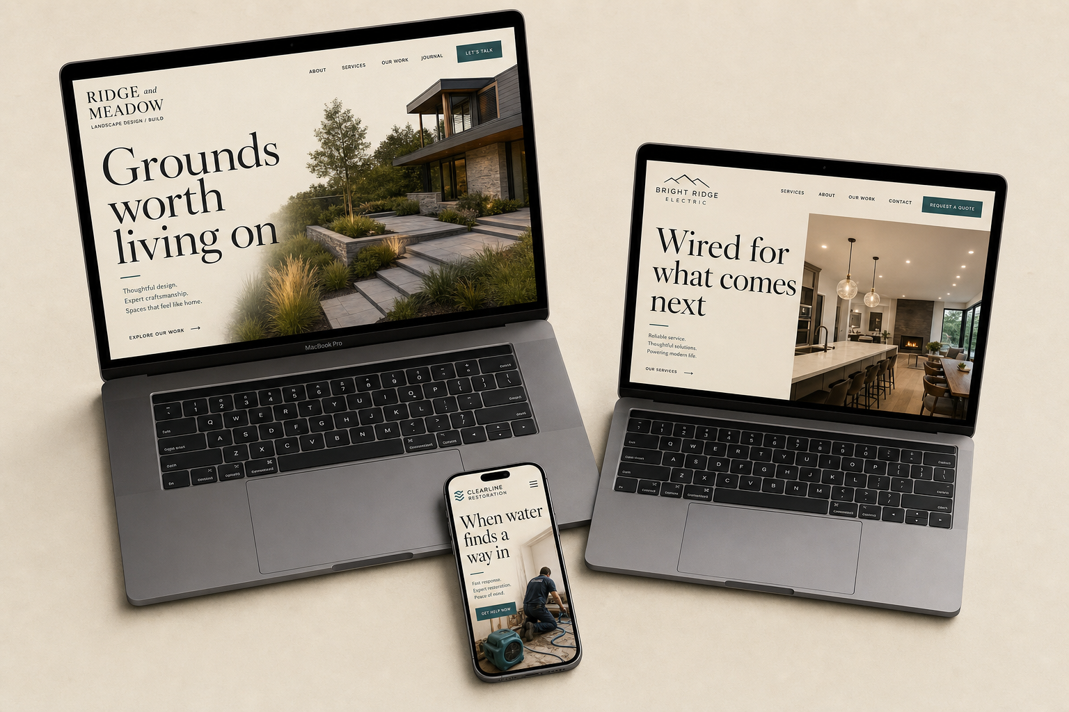 Three concept contractor websites shown together — Ridge and Meadow landscaping, Bright Ridge Electric, and Clearline Restoration — each with a distinct photograph, headline, and color accent within the same editorial design system.