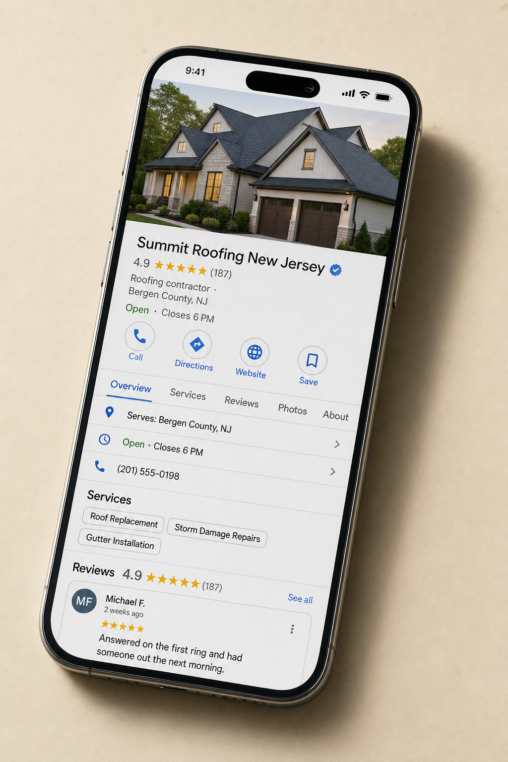 A concept Google Business Profile for Summit Roofing New Jersey on a mobile device, showing star rating, service area, hours, phone number, listed services including roof replacement and storm damage repairs, and a customer review beginning Answered on the first ring and had someone out the next morning.