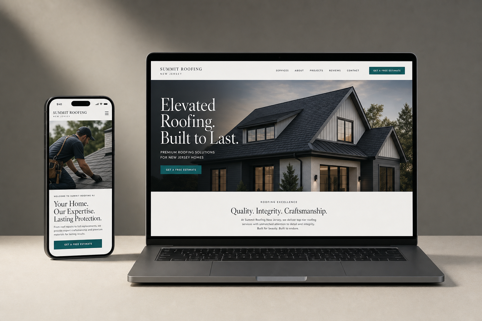 A concept website for a New Jersey roofing company shown on a laptop and phone — a demonstration of the kind of custom design and mobile experience Avarie Media builds.