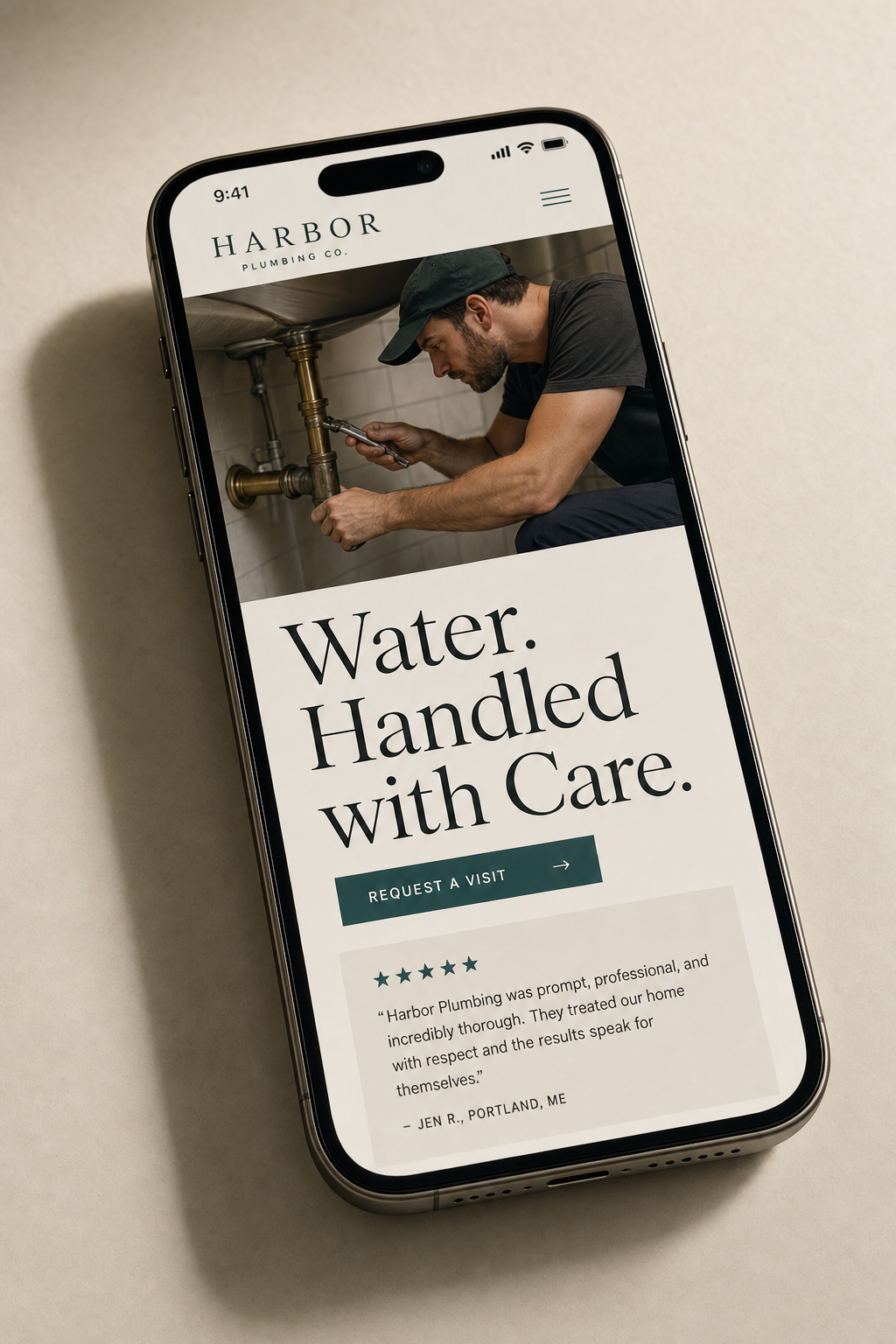 A concept mobile website for a plumbing company called Harbor Plumbing Co., with a large photograph of a plumber at work, an oversized serif headline reading Water. Handled with Care, a Request a Visit call to action, and a five-star customer review card below.
