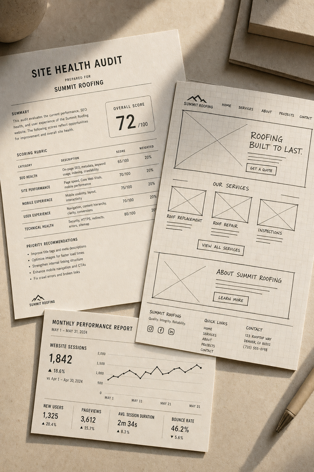 An overhead flat lay of real Avarie Media working documents: a printed site health audit, a hand-drawn wireframe on graph paper, and a monthly performance report card with a simple line chart.
