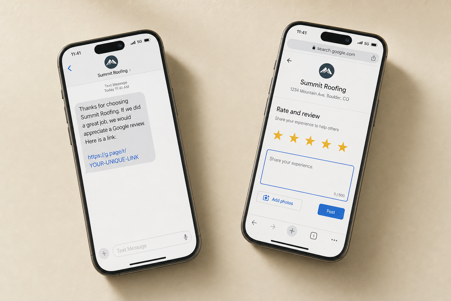 A two-phone illustration of a review request flow — a text message asking a customer for feedback, followed by a five-star review appearing on a Google Business Profile.