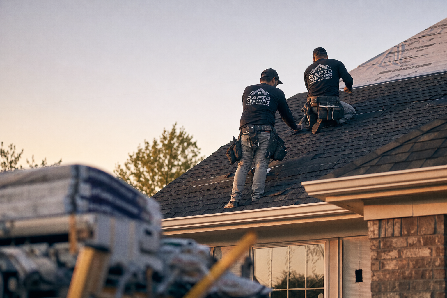 A roofing crew at work on a residential roof during daylight, documentary style.