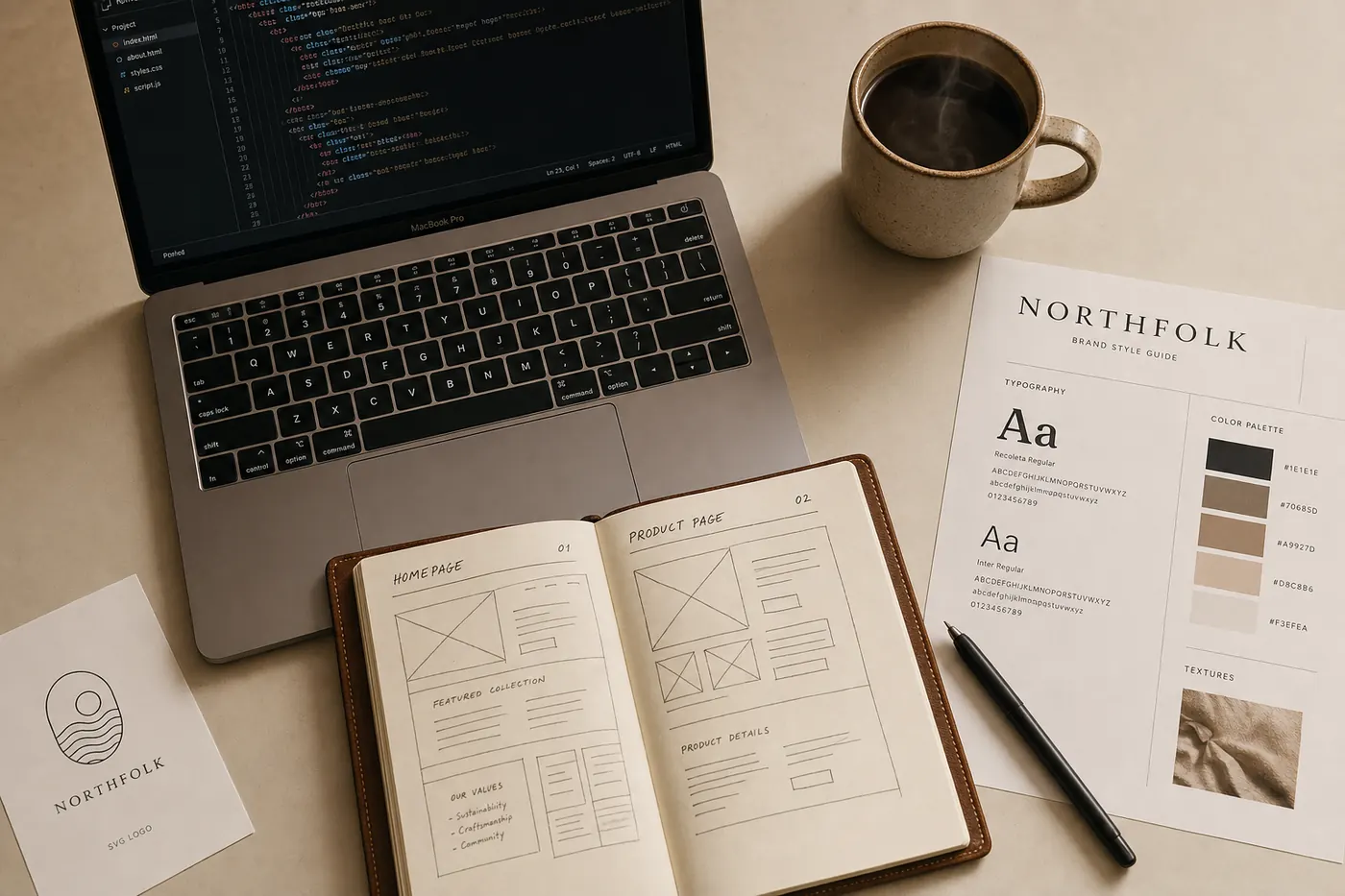 A designer's desk with a laptop, notebook, and brand materials