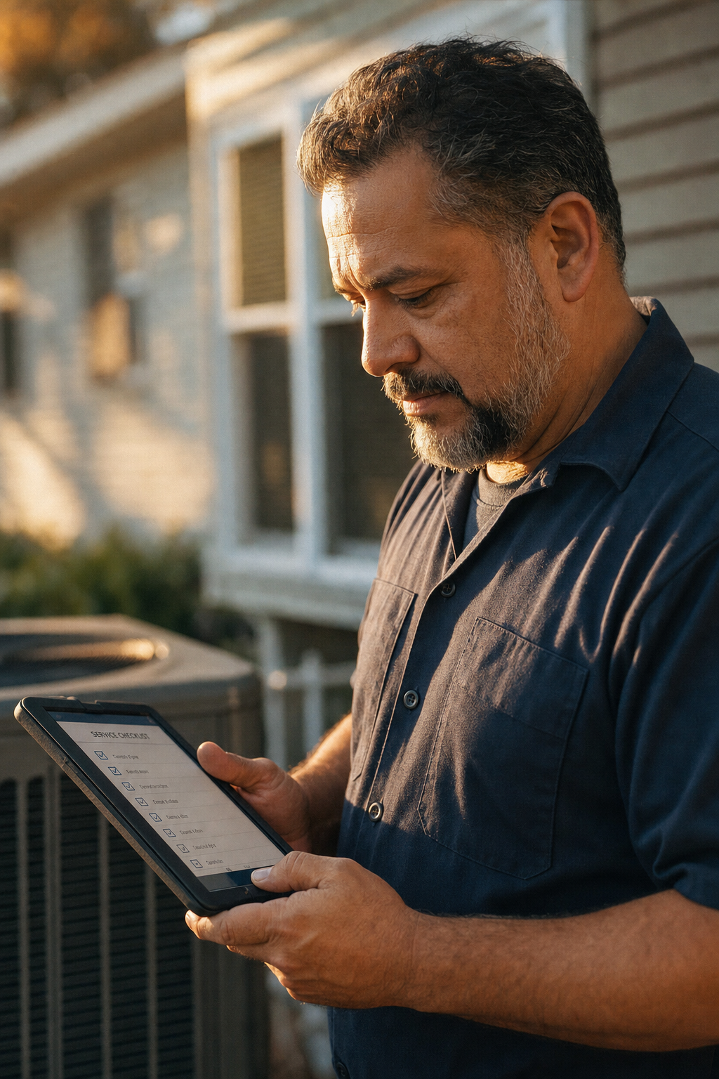 An HVAC technician working outside a residential home at golden hour, holding a service tablet — an example of the real, specific work that content should describe in detail for both customers and AI systems.