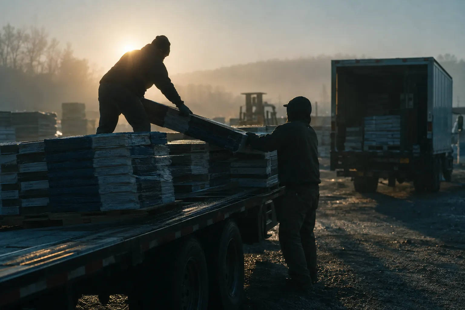 A crew loads roofing materials onto a trailer at sunrise