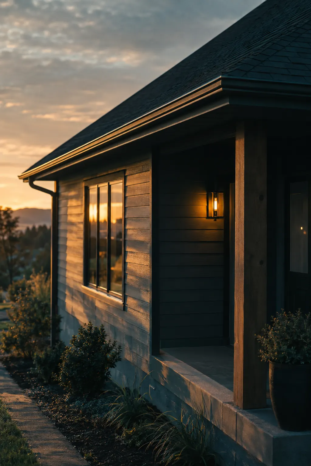 A freshly finished home exterior at golden hour