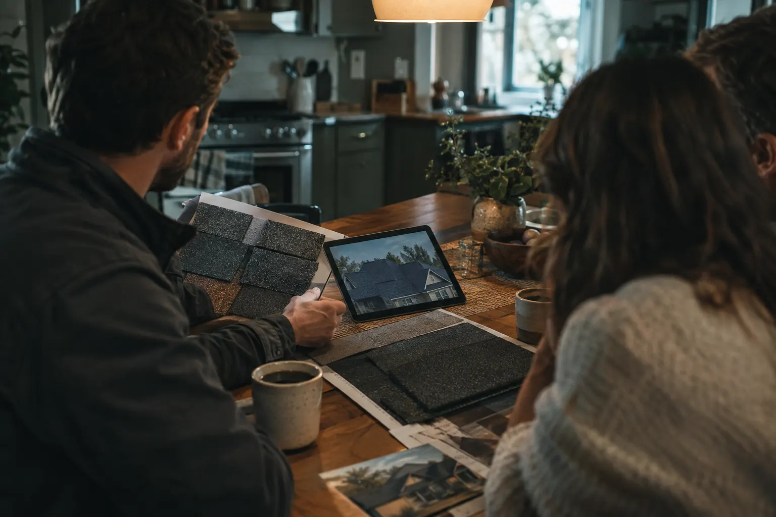 An estimator walks a homeowner couple through material samples at their kitchen table
