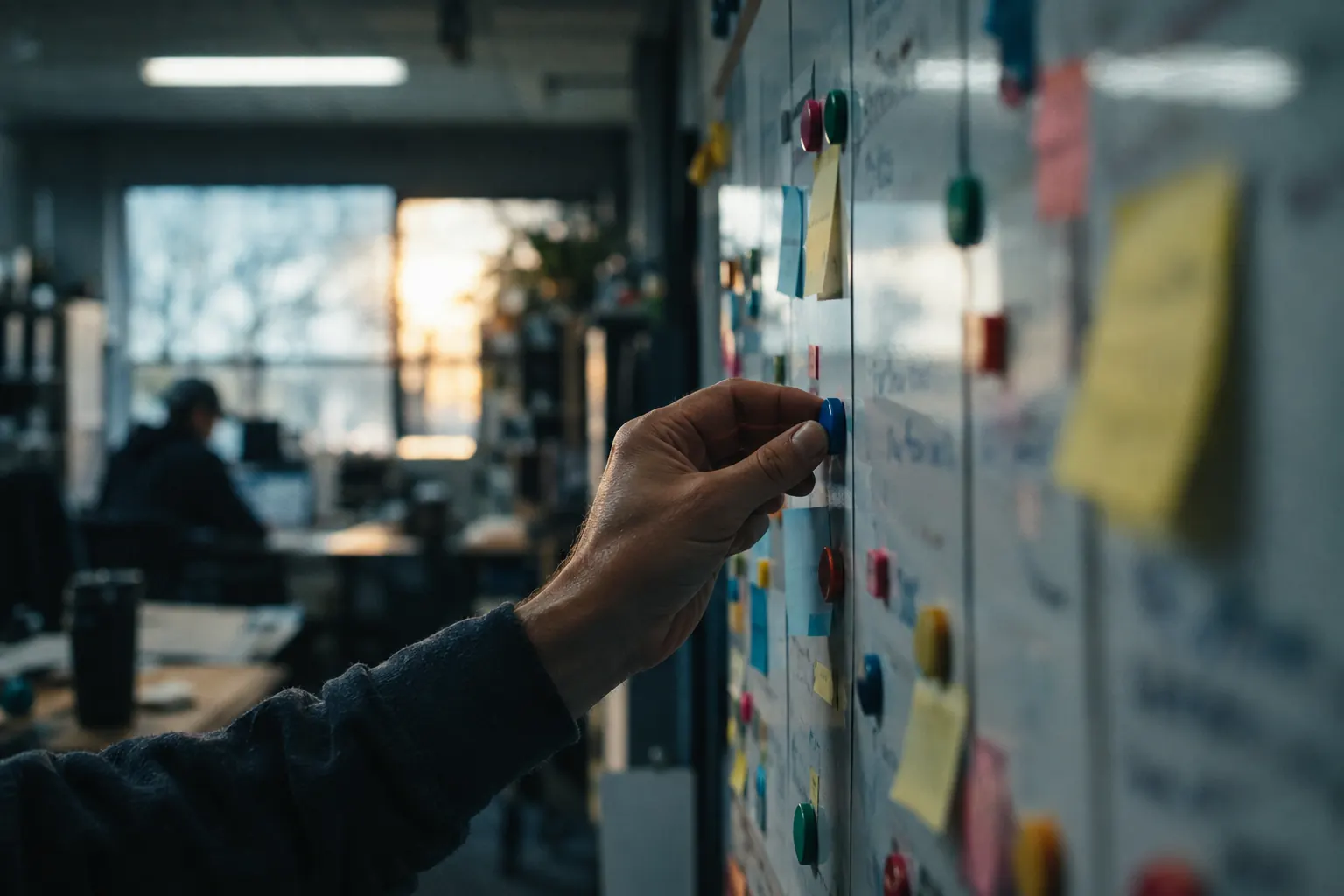 A hand placing a magnet on a home-service dispatch board
